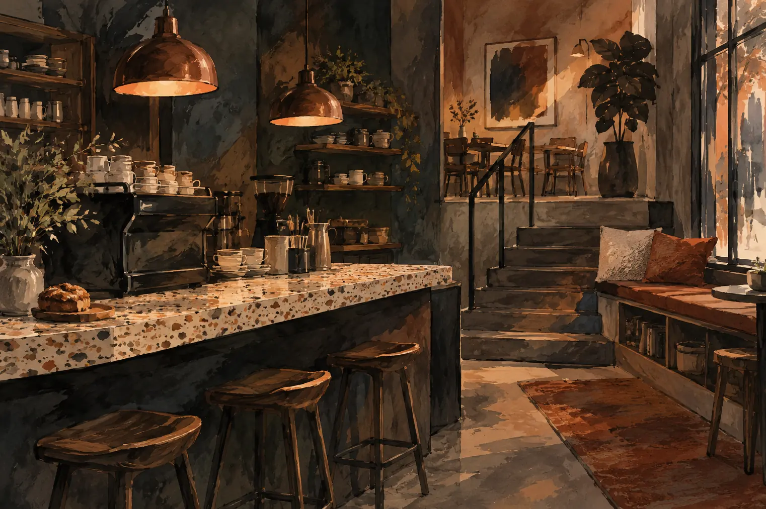 Illustration of cafés and their working space