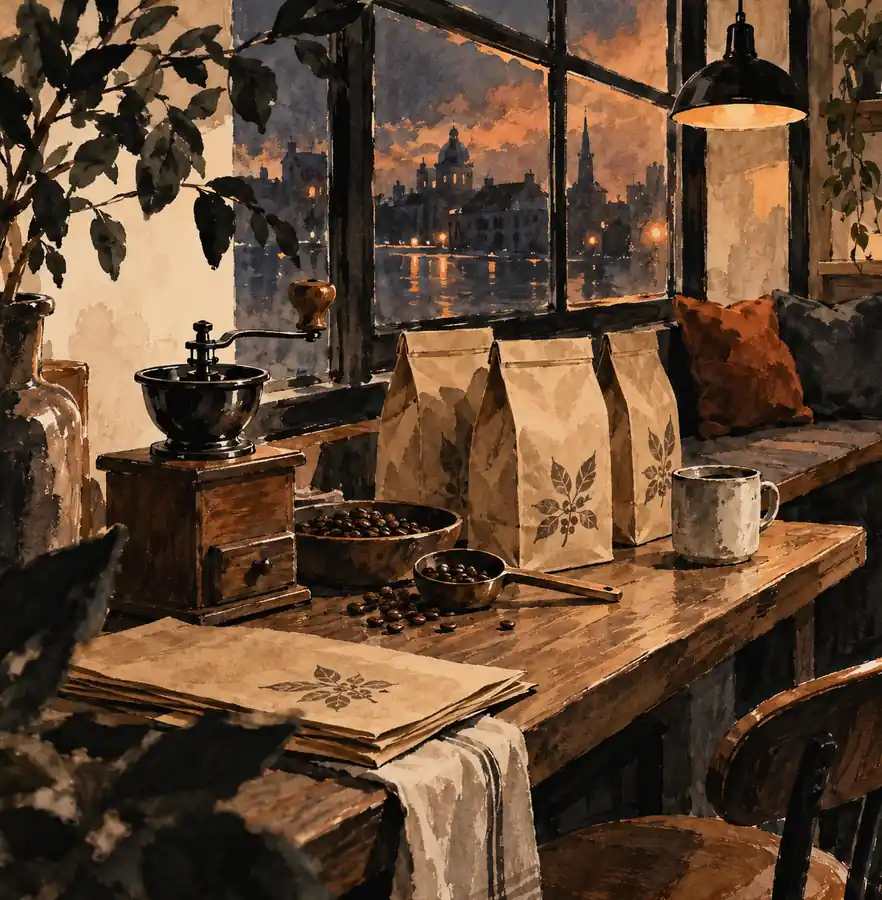 Illustration of cafés equipment and workspace